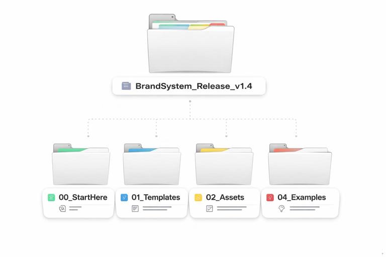 An illustrative diagram of a neatly organized release bundle folder structure for a brand system: a root folder labeled BrandSystem_Release_v1.4 with subfolders 00_StartHere, 01_Templates, 02_Assets, 03_Checklists, 04_Examples; minimal clean UI style, readable folder names, no real brand logos, neutral colors.
