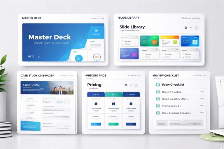 A visual mockup of a sales enablement kit for a modular brand system: a master deck, a slide library of optional modules, a case study one-pager, a pricing page layout with locked areas, and a review checklist; presented as organized cards on a desk or dashboard UI, clean professional style, no real company logos.