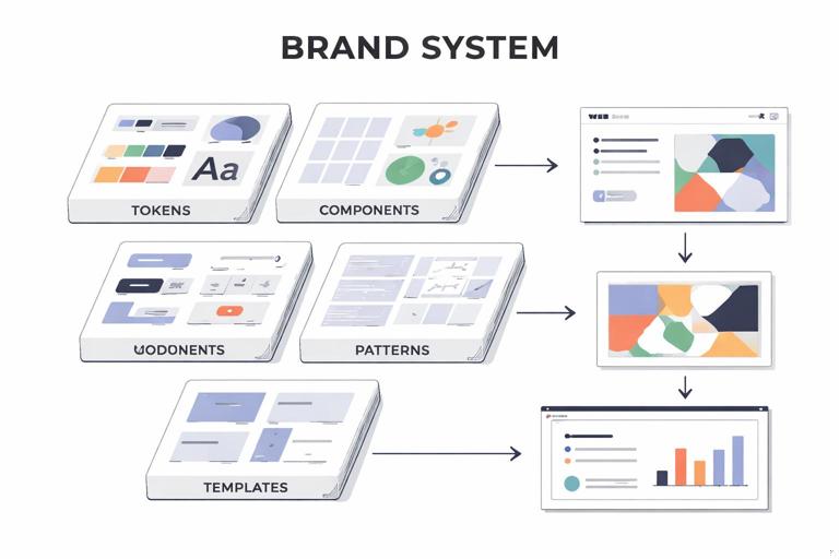 An abstract, modern flat illustration of a brand system as a modular kit of parts: labeled blocks for tokens, components, patterns, and templates arranged like a neat toolkit, with arrows showing how parts combine into outputs (web page, poster, slide). Clean typography, minimal color palette, professional design-system aesthetic, white background.