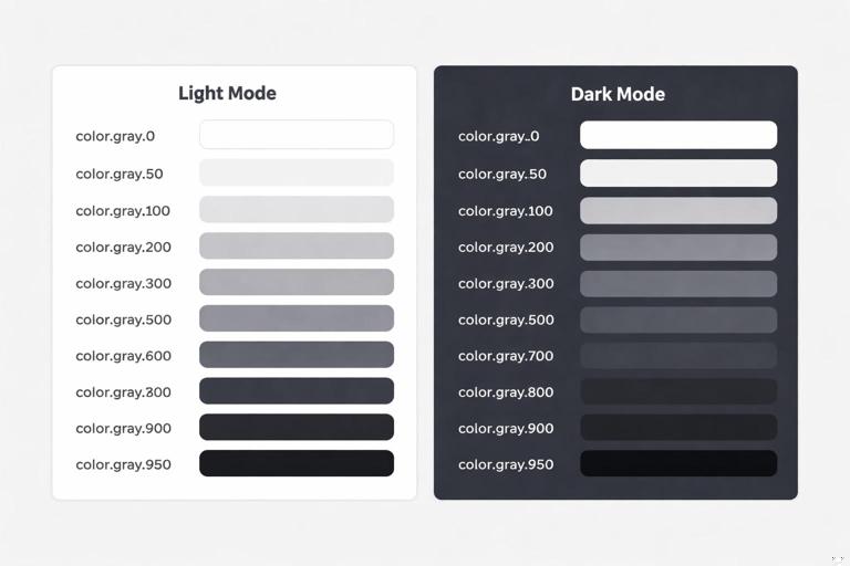 A split-screen UI theme illustration showing light mode and dark mode panels with token labels mapping color.background.surface from color.gray.0 to color.gray.950, clean design system diagram, minimal, high readability, no logos