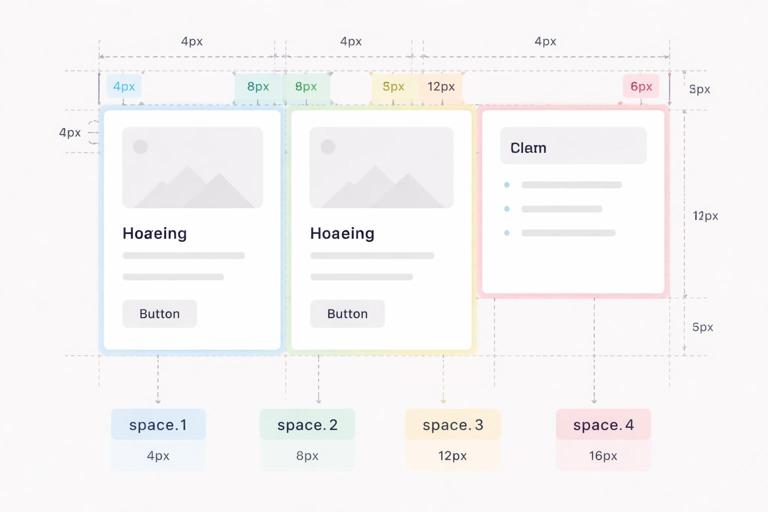 A clean UI layout grid illustration showing cards and text aligned to a 4px spacing rhythm, with highlighted spacing increments and token labels like space.1, space.2, space.4, minimal design system aesthetic, no logos