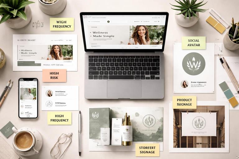 An editorial-style scene showing a designer’s desk with a laptop and printed mockups: website header, mobile app top bar, social avatar, email signature, product packaging, storefront signage. Include sticky notes labeling high frequency, high risk, and high impact placements. Clean modern brand design aesthetic, neutral lighting, high detail.