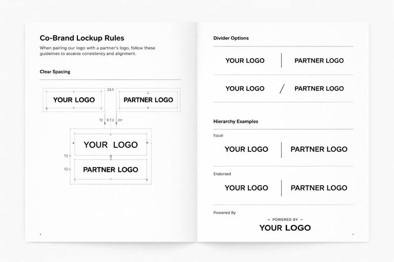 A brand guidelines spread showing co-brand lockup rules: two placeholder logos aligned with clear spacing, divider options, hierarchy examples (equal, endorsed, powered by). Clean grid, measurement annotations, monochrome ink on white, professional design system aesthetic.