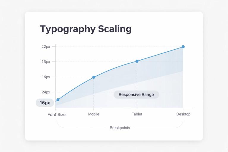Editorial illustration of a typography spec sheet showing font size scaling across breakpoints, with a simple graph, labeled base size and responsive range, clean minimalist design, neutral background, high legibility, modern UI design aesthetic