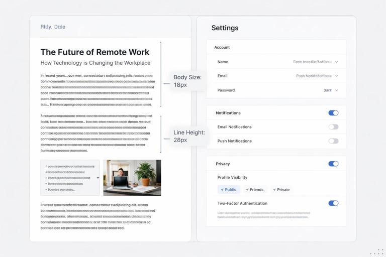 Split-screen UI mockup showing a long article on the left and a dense settings screen on the right, with typography annotations for body size and line height, clean modern product design, neutral colors, high readability, minimalistic layout