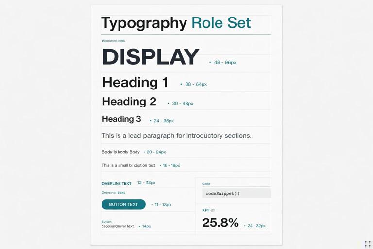 Typography role set poster showing labeled styles (Display, H1, H2, H3, Lead, Body, Caption, Overline, Button, Code, KPI) with sample text and responsive ranges, clean Swiss-style layout, grid system, monochrome palette with one accent color, high-resolution print look