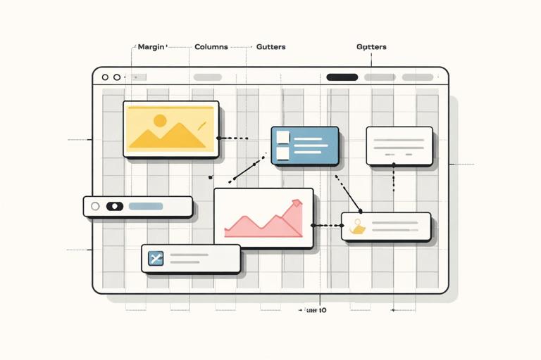 Editorial illustration of a modular design system: a clean grid overlay on a webpage canvas with labeled columns, gutters, margins, and reusable blocks snapping into place; minimal Swiss-style layout, black and gray lines, a few muted accent colors, high clarity, flat vector style, no text.