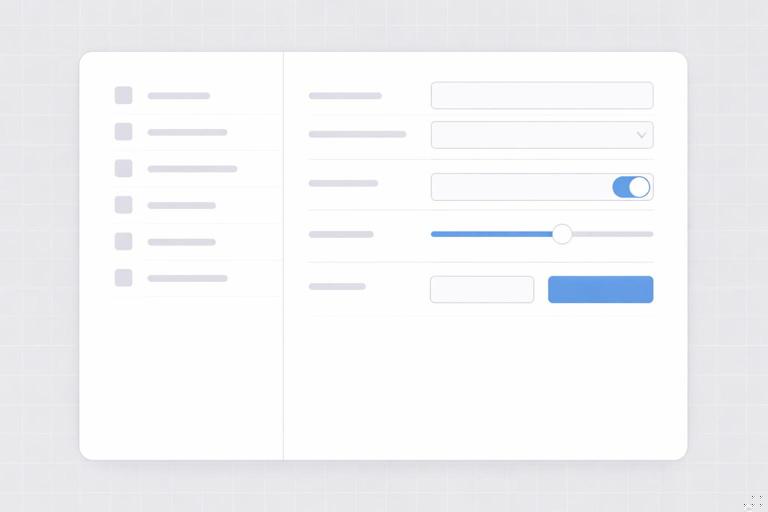 Clean product UI settings screen with a visible grid overlay: labels aligned on a left rail, input fields aligned on a right rail, consistent row heights, subtle spacing groups; modern minimal interface, neutral colors, high legibility, flat vector, no text.