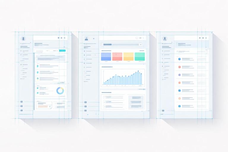 Design QA scene: multiple UI screenshots side by side with translucent grid overlays and alignment guides, showing consistent rails and spacing; clean minimal studio look, neutral palette, high clarity, flat vector illustration, no text.