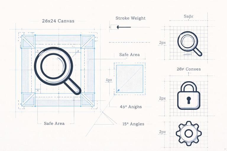 Editorial illustration of a design system icon grid showing consistent stroke icons being built from the same rules: a 24x24 canvas, safe area inset, 45-degree angles, rounded corners, stroke weight guides, and a few example icons (search, lock, gear) aligned on a pixel grid; clean modern style, neutral background, subtle blueprint-like annotations.