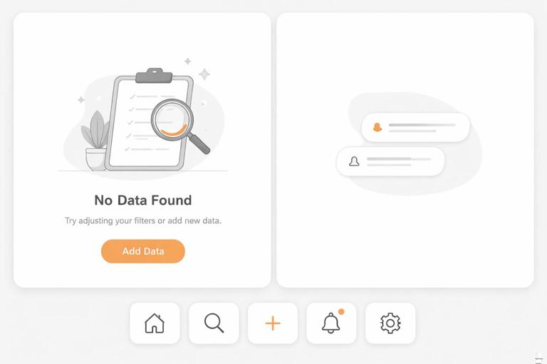 Split-screen product UI scene showing an empty state with a soft illustration plus a row of matching UI icons; both share rounded corners and 45-degree geometry, consistent stroke caps, and a single accent color used sparingly; modern SaaS interface, clean minimal layout, neutral palette with one accent.