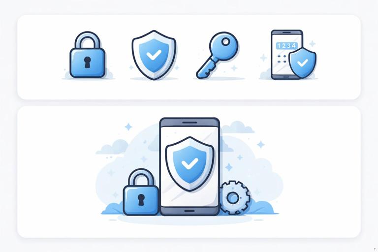 Security feature asset set on a design board: a cohesive row of UI icons (lock, shield, key, phone with code) plus a matching onboarding illustration featuring a device and shield; consistent stroke style, rounded corners, limited palette with one accent color; modern product design system presentation.