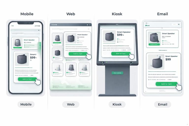 Split-panel illustration showing the same product selection interaction across four channels: mobile card expanding to detail, web card opening detail panel, kiosk with larger slower transition, and email with static highlighted selection and expanded details below; consistent brand colors and typography; clean UX diagram style