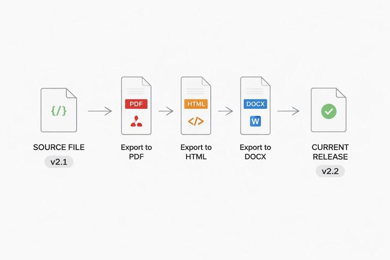 Illustration of a release workflow: source file on the left, arrows to exported formats in the middle, then a current pointer file on the right; includes version labels v2.1, v2.2; clean product-ops diagram, minimal icons, neutral colors.