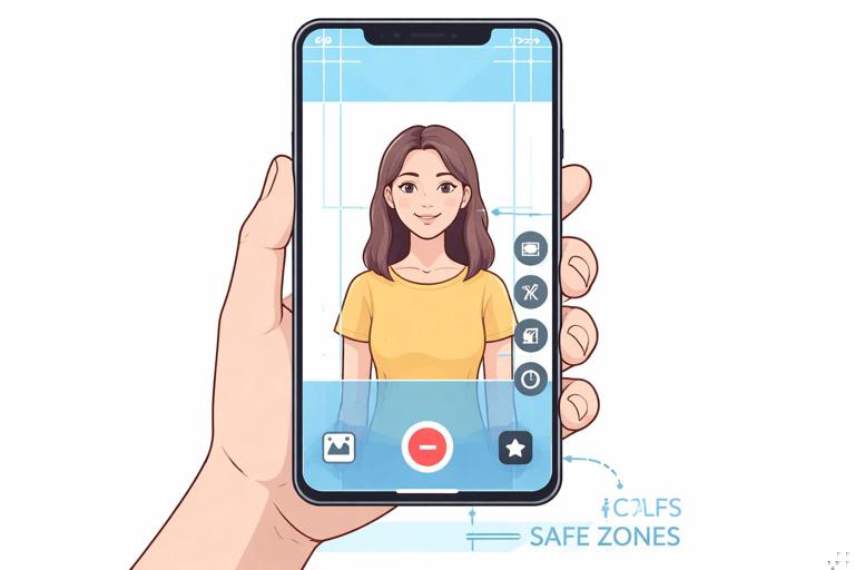 Illustration of a smartphone held upright showing a 9:16 video frame with a subject centered, UI overlay icons on the right and bottom, and highlighted safe zones away from the overlays; clean modern instructional style, high contrast, minimal background.