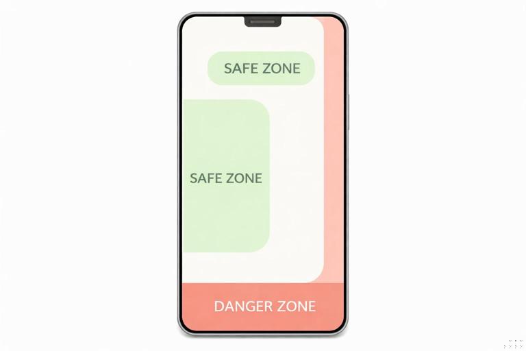 Minimal infographic of a vertical smartphone screen with shaded danger zones on the bottom and right edge, and highlighted safe zones in center-left and upper-middle for text placement; clean UI diagram style.