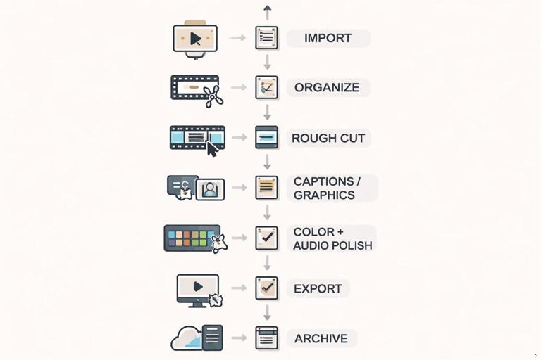 A clean, modern infographic-style illustration of a vertical video editing workflow pipeline, shown as a step-by-step flowchart: import, organize, rough cut, tighten, captions/graphics, color+audio polish, QC, export, archive. Minimal UI icons, neutral colors, high contrast, designed for a 9:16 poster layout.