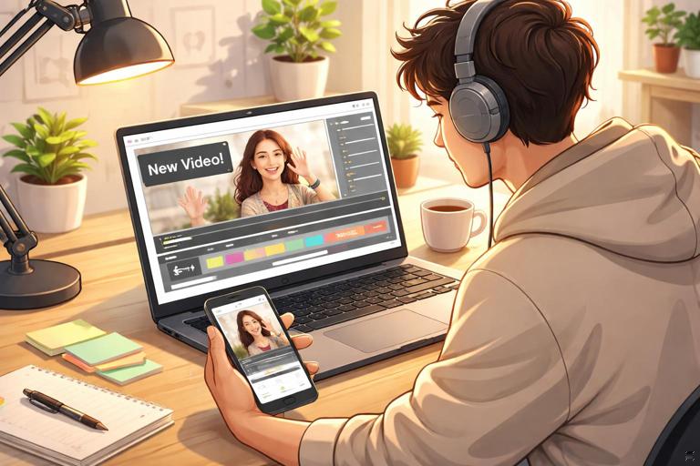 A vertical 9:16 illustration of a creator editing a short video on a laptop and phone with a simplified, generic editing interface (no real brand UI), showing captions, timeline, and export button. Clean, modern workspace, warm lighting, professional content-creator vibe.