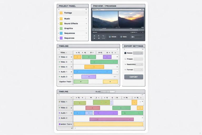 A vertical 9:16 diagram-like scene of a professional video editor workspace with multiple bins, a timeline, caption track, and export preset panel shown as generic UI blocks. Emphasis on organization: labeled folders, clean grid layout, precise tools. Modern, minimal, high clarity.