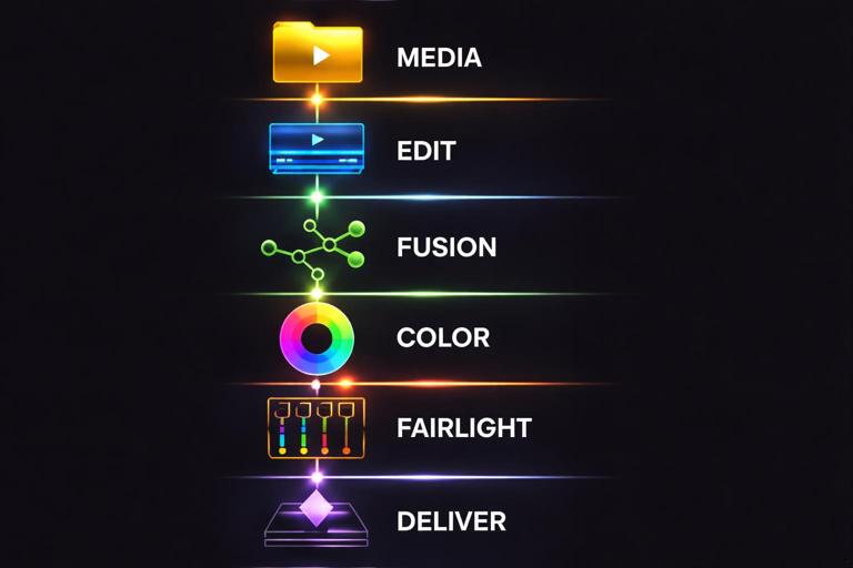 A vertical 9:16 illustration of a unified post-production pipeline with labeled sections: Media, Edit, Fusion, Color, Fairlight, Deliver. Each section represented by simple icons (folder, timeline, node graph, color wheel, audio mixer, export arrow). Sleek, high-contrast, modern design.