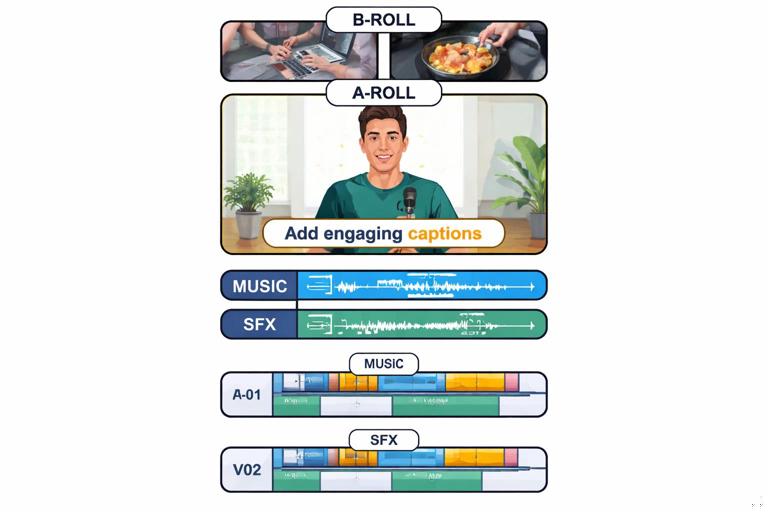 A vertical 9:16 storyboard-style illustration of a short-form video workflow: A-roll talking head centered, B-roll cutaways stacked above, captions overlay, music and SFX tracks below, and a second variant timeline labeled V02. Clean, instructional, minimal, high readability.