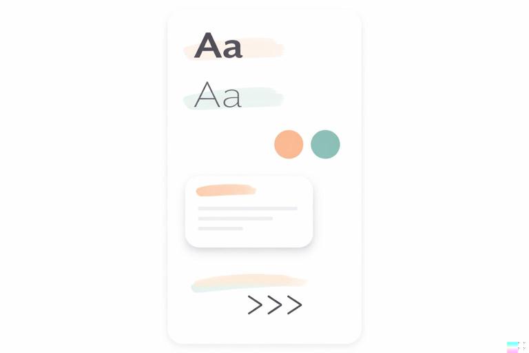 A minimal brand library board for vertical shorts: two font styles, two accent color swatches, rounded card component with soft shadow, marker swipe highlight element, and a quick slide transition represented by simple motion arrows; clean modern design system layout; 9:16-friendly aesthetic; no readable text.