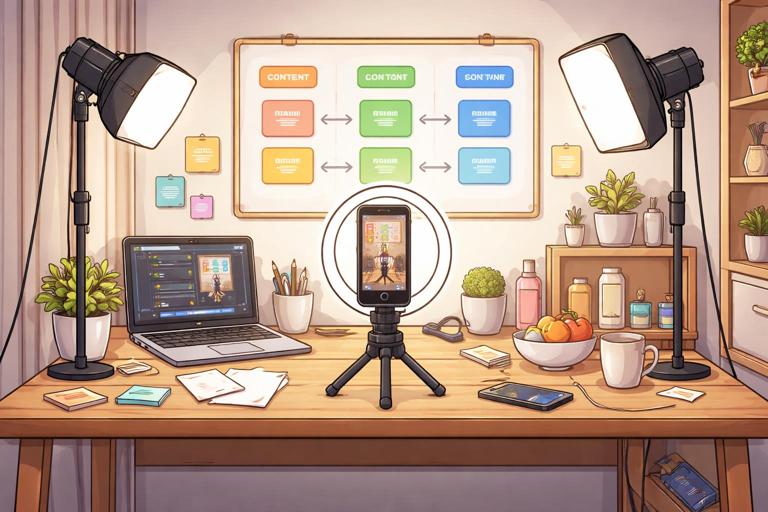 Illustration of a creator's vertical video production line: a desk with a smartphone on a tripod, lights, props, and a workflow board showing stages like voiceover, filming, editing, export; clean modern style, warm lighting, high detail, no text