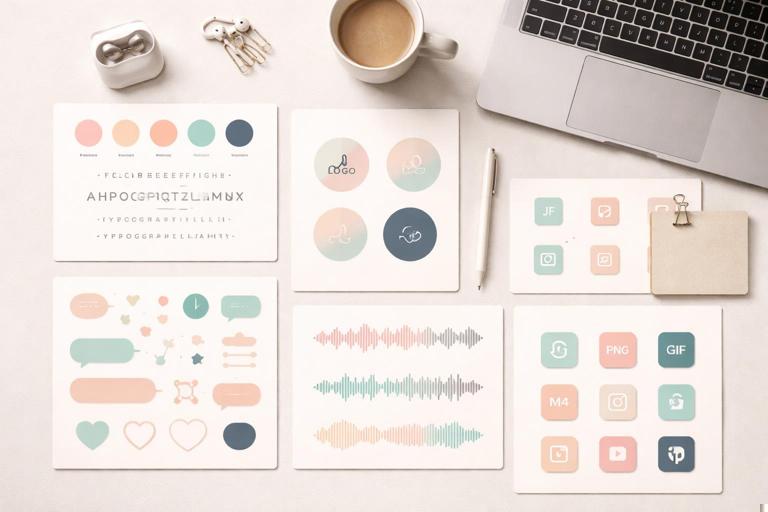 Flat lay of a digital creator's asset kit: brand colors, font sheets, logo files, audio waveforms, overlay stickers, export preset icons arranged neatly on a desk next to a laptop; clean organized aesthetic, modern minimal, no text