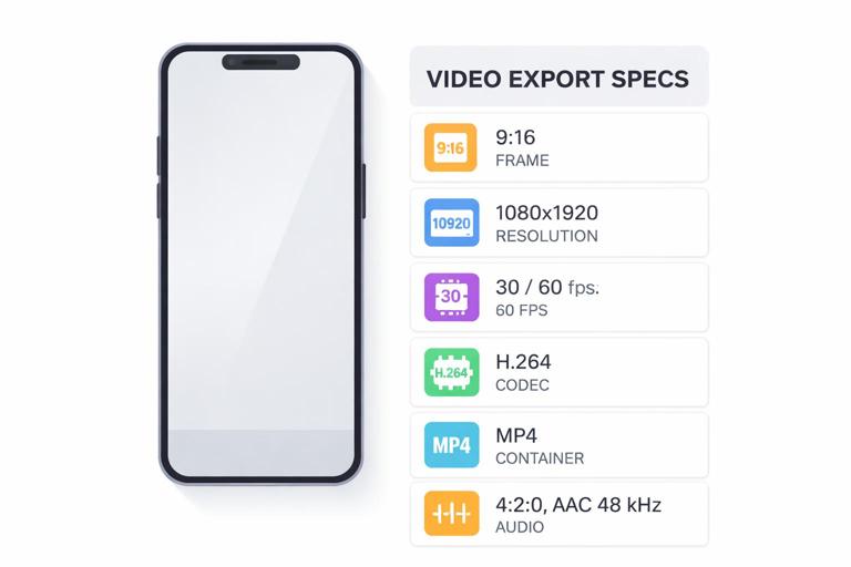 A clean, modern infographic-style illustration of a vertical smartphone video export spec sheet: 9:16 frame, 1080x1920 resolution, 30/60 fps, H.264, MP4 container, 4:2:0, AAC 48 kHz. Minimalist design, high contrast, flat icons, studio lighting, no brand logos, readable labels.
