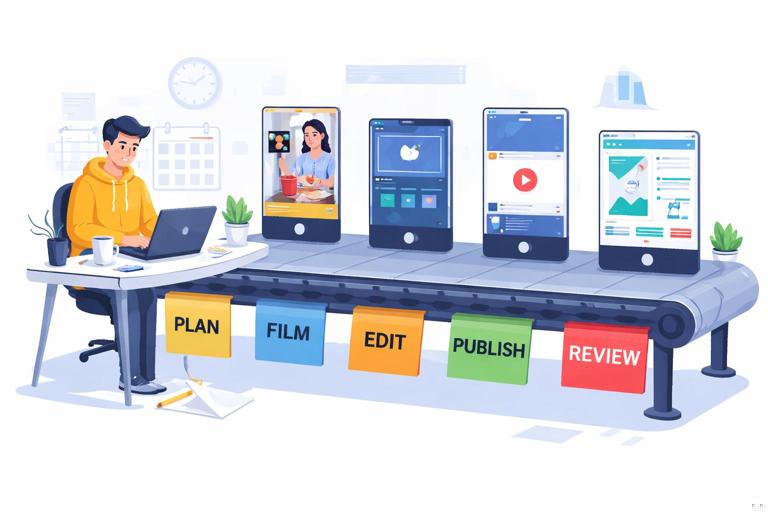 Illustration of a content creation conveyor belt: a creator at a desk with a calendar, sticky notes labeled Plan, Film, Edit, Publish, Review moving along a conveyor, several vertical video thumbnails in different stages, clean modern flat design, bright but professional colors, high clarity