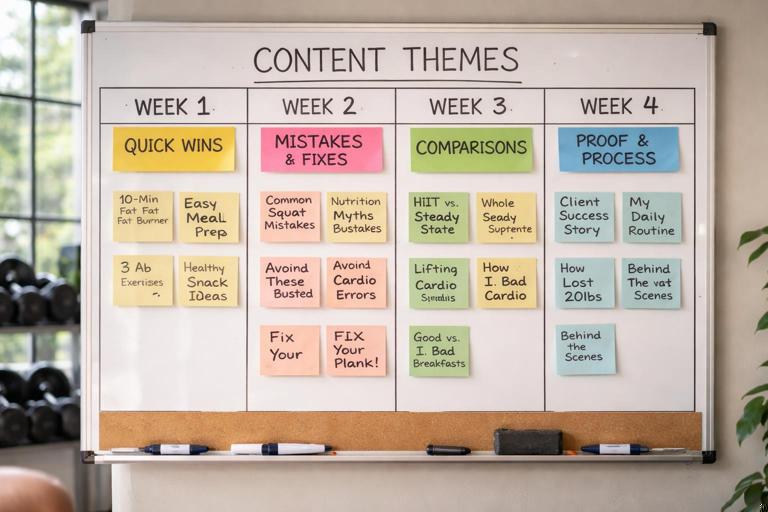 Weekly content themes board for a fitness coach: a wall calendar with four weeks labeled Quick wins, Mistakes and fixes, Comparisons, Proof and process; sticky notes with short video ideas; gym elements subtly in background; clean documentary photo style, natural light