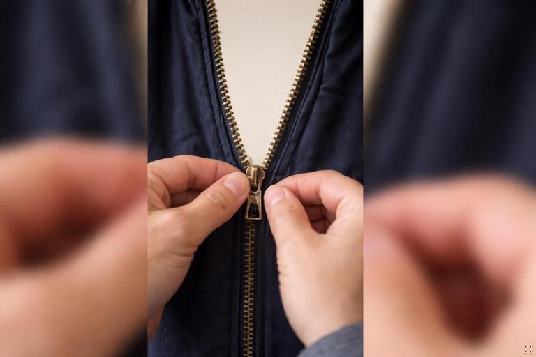 Photorealistic vertical smartphone video frame showing a zipper-fixing tutorial: blurred hanging jacket edges in the foreground, sharp hands and zipper centered, plain low-contrast wall background, natural indoor light, shallow depth of field, composition demonstrating foreground-subject-background layering, 9:16 aspect ratio