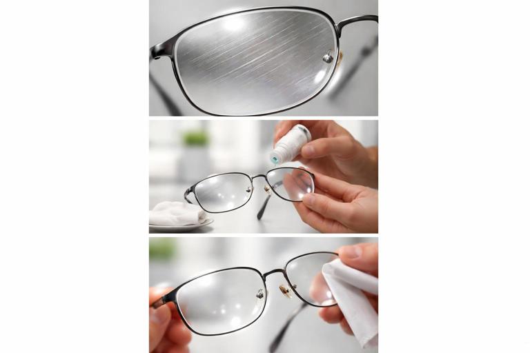 Photorealistic vertical storyboard triptych in one 9:16 frame: top panel extreme close-up of scratched eyeglass lens, middle panel medium shot of hands applying solution to glasses, bottom panel close-up of clear lens reflecting light; clean minimal background; illustrates hero framing per beat for mobile shorts
