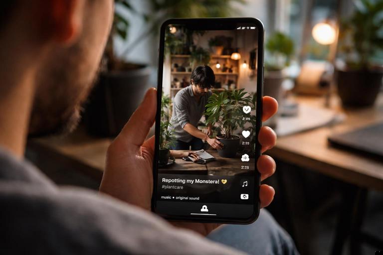 Photorealistic scene of a creator holding a smartphone showing a vertical video playback screen with semi-transparent UI overlays (icons on right, caption bar at bottom) covering parts of a frame; the creator is testing composition; indoor workspace; 9:16 emphasis; documentary style