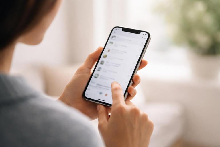 Photorealistic vertical over-the-shoulder shot: person’s shoulder softly framing the left edge, smartphone centered and slightly tilted to reduce glare, clean background with reserved negative space for captions, natural indoor lighting, 9:16 composition