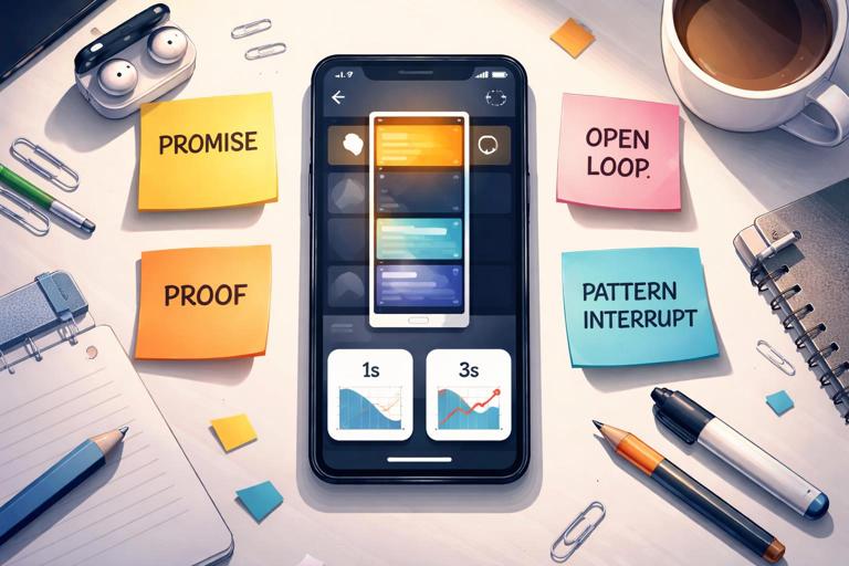 Illustration of a creator’s hook engineering workflow on a desk: smartphone screen showing a vertical video timeline with a highlighted first second, sticky notes labeled Promise, Open Loop, Proof, Pattern Interrupt, simple analytics icons (1-second hold, 3-second hold), clean modern flat design, high contrast, no readable text, cinematic lighting, editorial tech style.