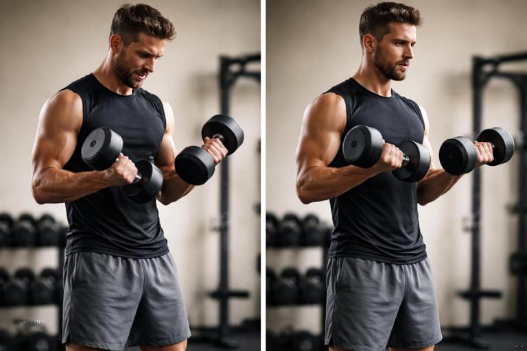 Vertical split-screen fitness scene: left side shows an athlete performing slightly sloppy reps with a consistent dumbbell weight (Week 1), right side shows the same athlete two weeks later with cleaner form and controlled reps, minimal gym background, natural lighting, realistic documentary style, no text or logos.