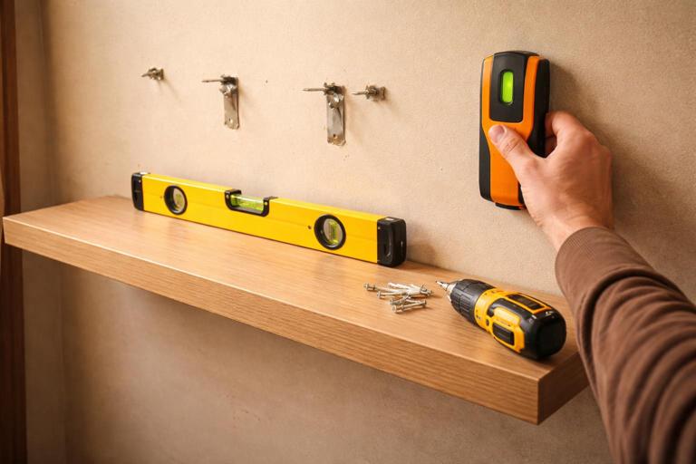 Vertical DIY workshop scene showing a person installing a floating shelf: close-up of a level tool on the shelf, a magnet stud finder in hand, visible drywall anchors and bracket attempts on the wall, warm indoor lighting, realistic photo style, no text, no logos.