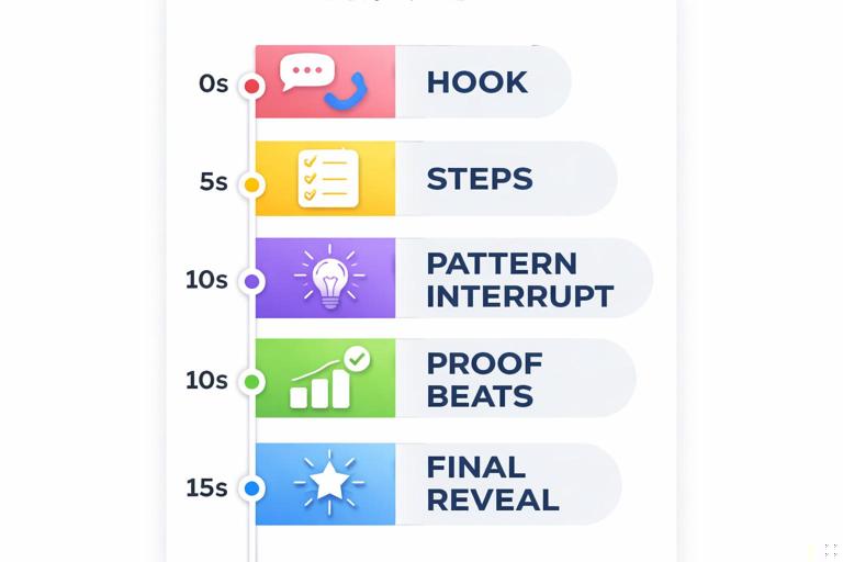 Illustration for a vertical short retention guide: a minimalist timeline labeled 0–15 seconds with highlighted moments for hook, steps, pattern interrupt, proof beats, and final reveal; clean infographic style, high contrast, modern UI look, portrait orientation.