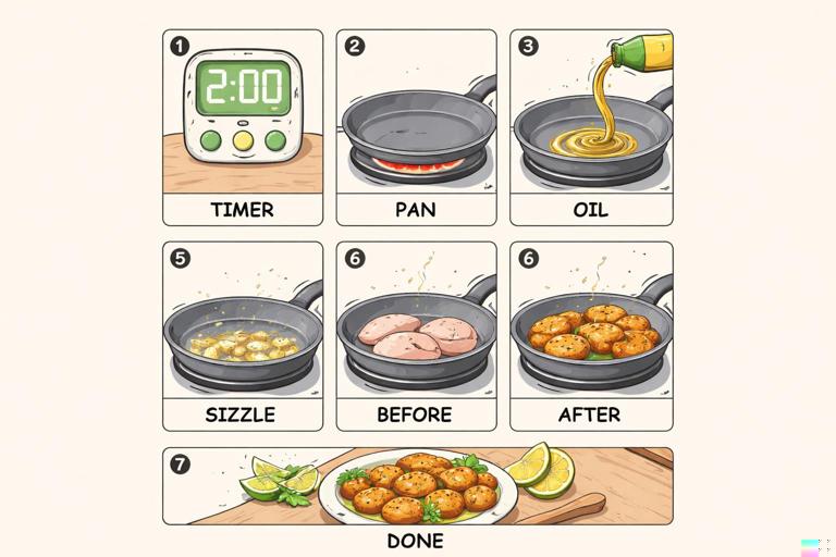 Vertical short storyboard illustration: a sequence of 7 labeled beats for a cooking shortcut, each beat shown as a simple thumbnail frame (timer, pan, oil swirl, sizzle, before/after comparison, final close-up), clean minimal graphic style, portrait orientation.