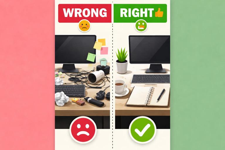 Split-screen wrong vs right comparison illustration for a vertical short: two matching frames with consistent composition, left labeled wrong with messy result, right labeled right with crisp clean result; bold typography, simple icons, high clarity, portrait orientation.