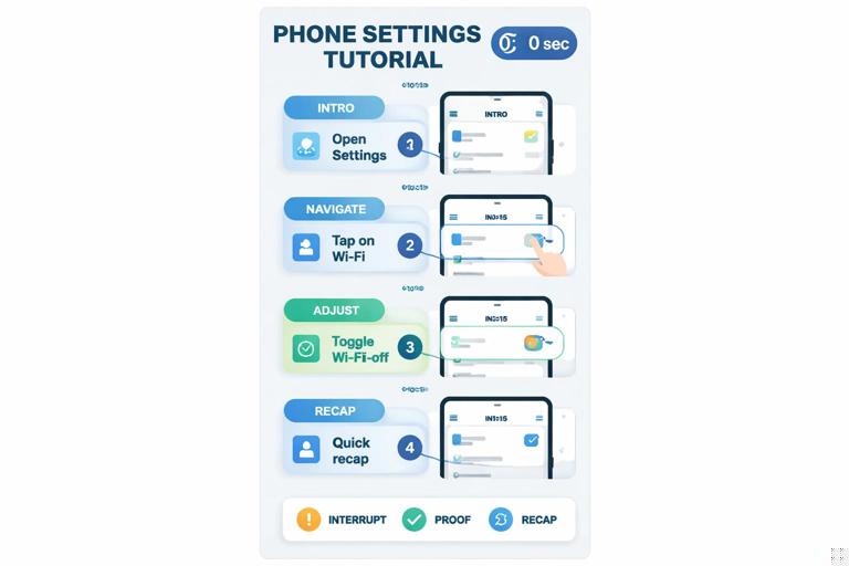 Storyboard-style pacing map for a 30-second phone settings tutorial: phone screen thumbnails, labeled time ranges, icons for interrupt, proof, recap; clean instructional infographic, portrait format, modern UI aesthetic.