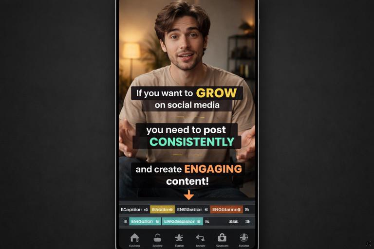Vertical smartphone-style frame showing a short-form video editing interface with clear caption lanes and highlighted key words; minimal, modern design; high-contrast readable captions; viewer eye-guidance arrows subtly indicated; clean sans-serif typography; cinematic lighting; no logos; 9:16