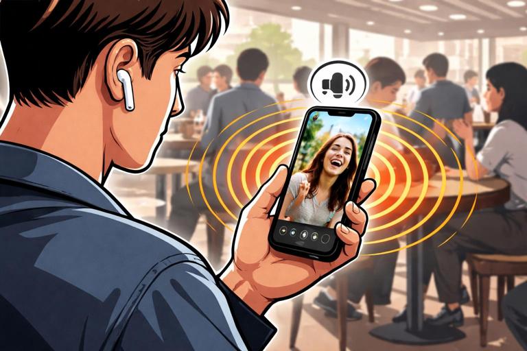 Illustration of a person watching a vertical short on a smartphone in a noisy public place; small phone speaker with minimal bass visualized, mono playback icon, midrange sound waves emphasized; clean modern editorial style, high contrast, no text.