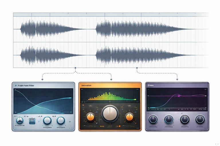 Audio production concept art: DAW timeline showing a duplicated thump waveform, high-pass filter curve at 150 Hz, saturation module adding harmonics, and a narrow EQ boost around 2 kHz; clean technical illustration style, no text labels.