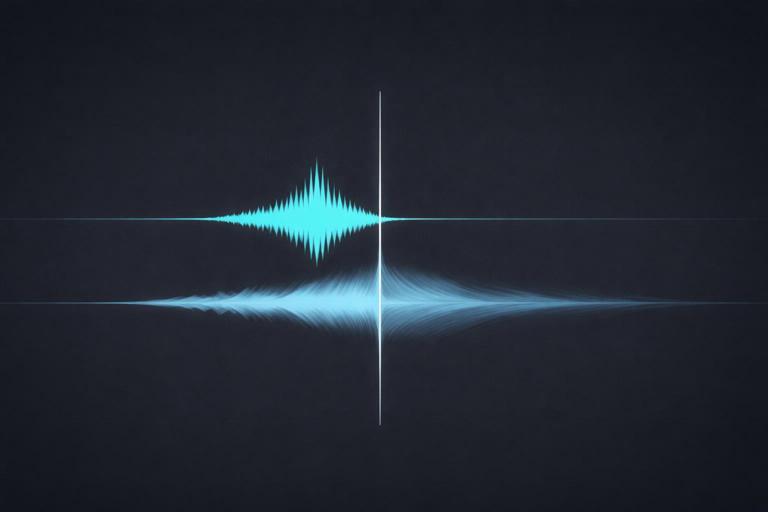 Sound design scene: layered whoosh represented as two waveforms, a short sharp midrange zip and a small airy tail, aligned to a video cut marker; minimalistic DAW-style visualization, no text.