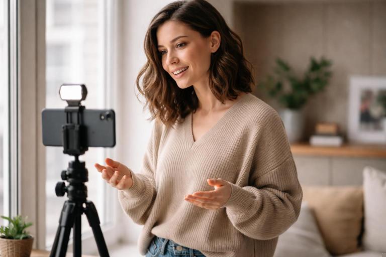 Vertical-format photo of a creator filming with a smartphone on a tripod near a window, subject turned 45 degrees to the window for soft side light, cozy apartment interior, natural light, clean modern aesthetic, shallow depth of field, realistic.