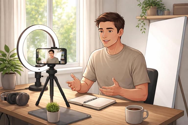 Illustration-style realistic scene, vertical format: person seated at a desk filming a talking-head video with a smartphone, positioned 45 degrees to a bright window, a white foam board on the opposite side bouncing fill light, simple home studio, soft natural lighting, clean composition.