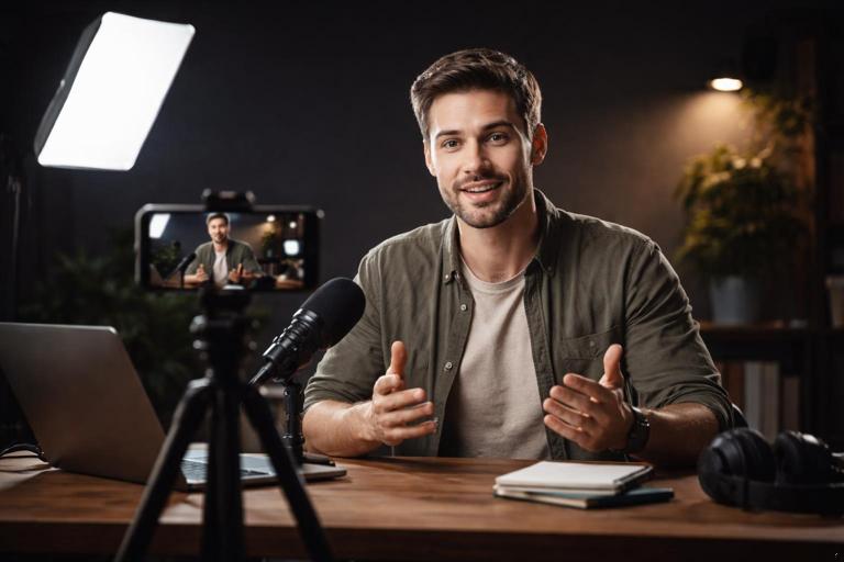 Vertical-format realistic photo of a small home studio setup: smartphone on tripod filming a presenter, soft key light from the front side, subtle hair/edge light placed behind and above the subject creating separation on hair and shoulders, dark background, cinematic but natural look.