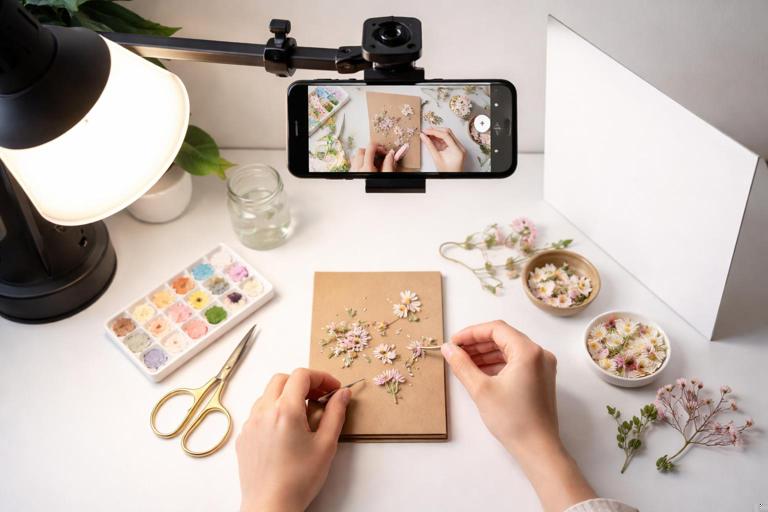 Vertical-format overhead-adjacent tabletop filming setup: smartphone mounted above a work table, soft diffused key light at a 45-degree angle, hands demonstrating a craft project, white bounce card on opposite side, clean minimal background, realistic lighting.